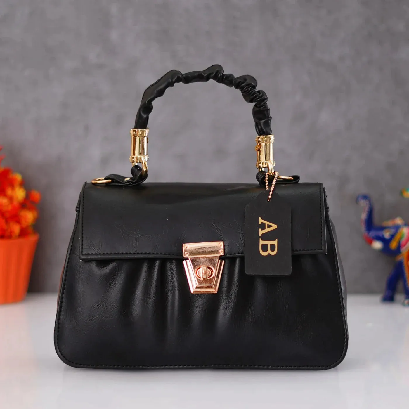 Classy Leather Customized Chain Sling Bag with Handle - Black