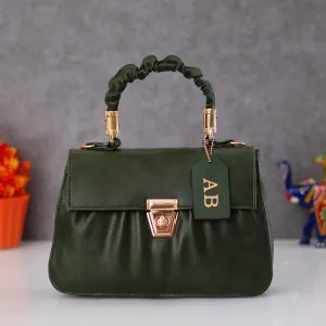 Classy Leather Customized Chain Sling Bag with Handle - Olive Green