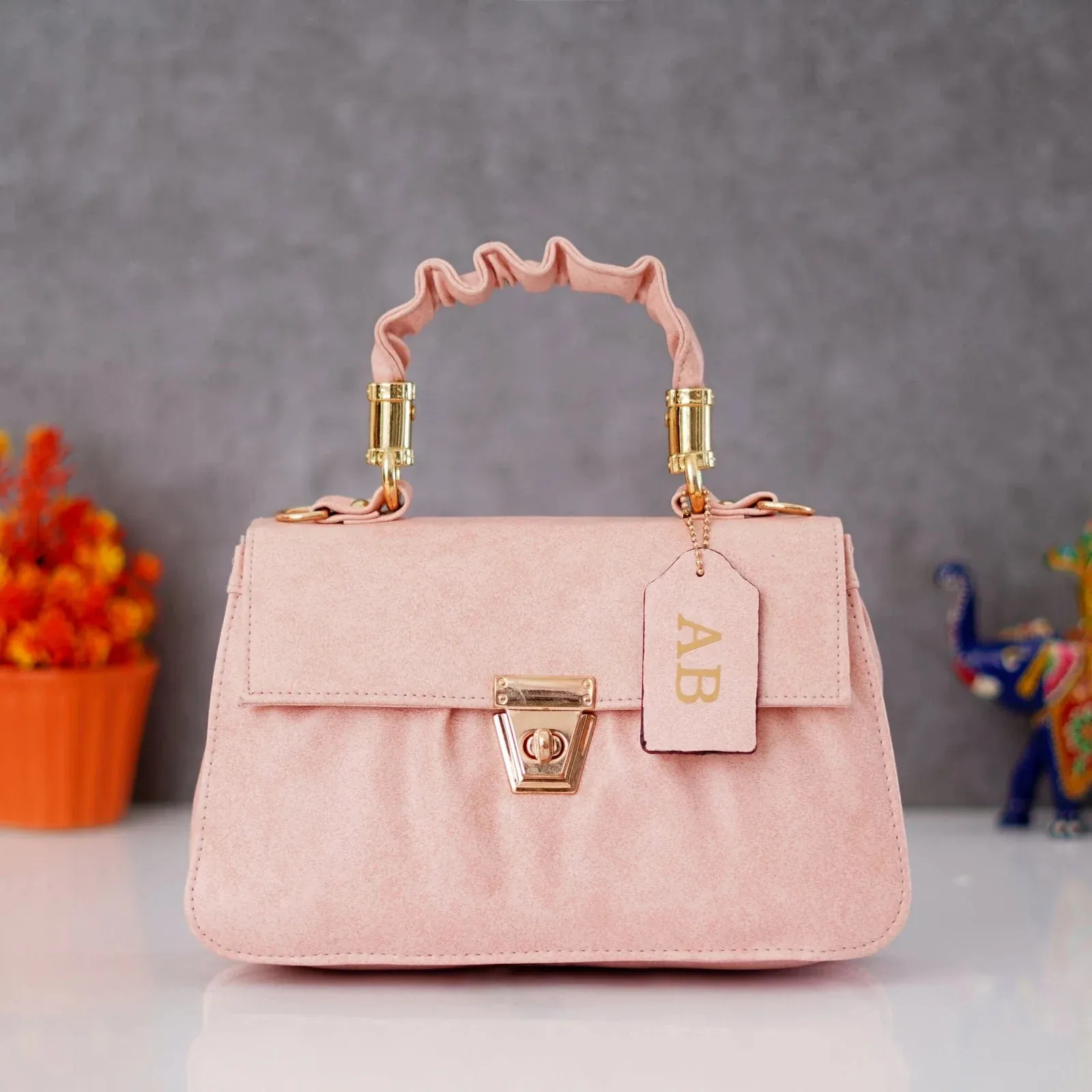 Classy Leather Customized Chain Sling Bag with Handle - Pink