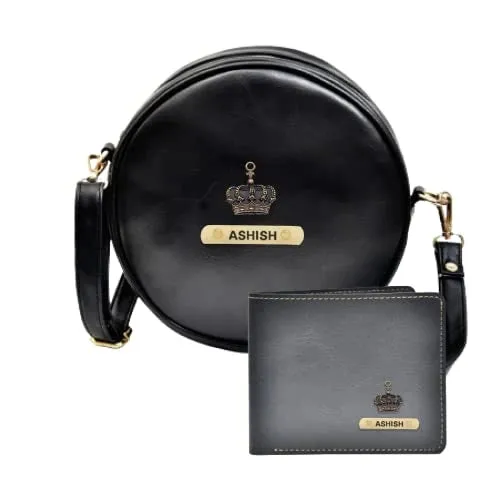 Classy Leather Customized Chained Sling Bag Round   Men's Wallet - Black Black