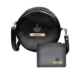 Classy Leather Customized Chained Sling Bag Round   Men's Wallet - Black Black