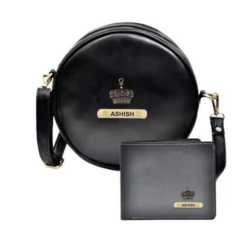 Classy Leather Customized Chained Sling Bag Round   Men's Wallet - Black Black
