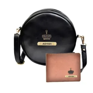 Classy Leather Customized Chained Sling Bag Round   Men's Wallet - Black Brown