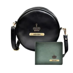Classy Leather Customized Chained Sling Bag Round   Men's Wallet - Black Green