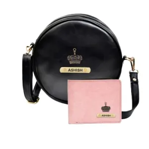 Classy Leather Customized Chained Sling Bag Round   Men's Wallet - Black Light Pink