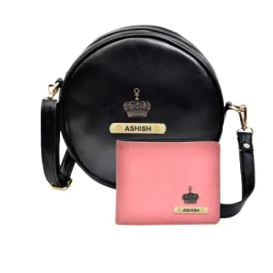 Classy Leather Customized Chained Sling Bag Round   Men's Wallet - Black Peach
