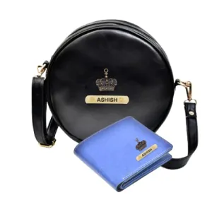Classy Leather Customized Chained Sling Bag Round   Men's Wallet - Black Royal Blue
