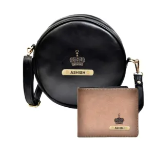 Classy Leather Customized Chained Sling Bag Round   Men's Wallet - Black Tan
