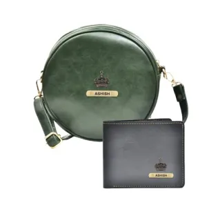 Classy Leather Customized Chained Sling Bag Round   Men's Wallet - Green Black