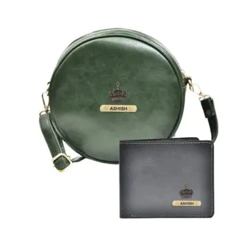 Classy Leather Customized Chained Sling Bag Round   Men's Wallet - Green Black
