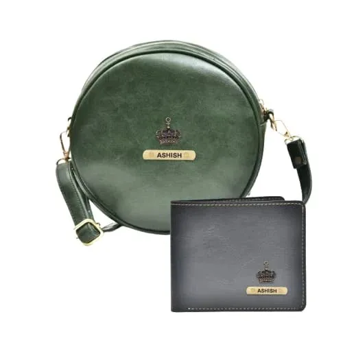 Classy Leather Customized Chained Sling Bag Round   Men's Wallet - Green Black