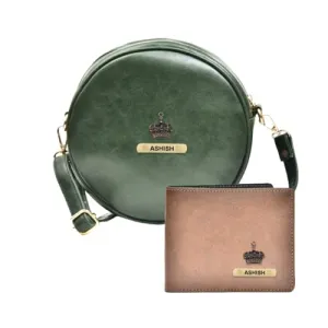 Classy Leather Customized Chained Sling Bag Round   Men's Wallet - Green Brown