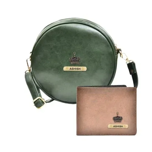 Classy Leather Customized Chained Sling Bag Round   Men's Wallet - Green Brown