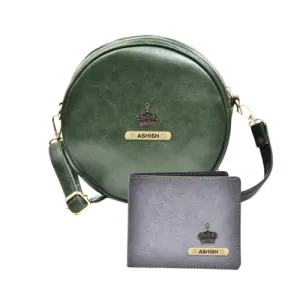 Classy Leather Customized Chained Sling Bag Round   Men's Wallet - Green Grey