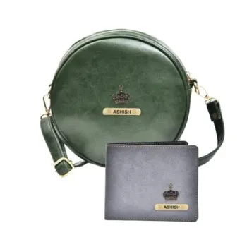 Classy Leather Customized Chained Sling Bag Round   Men's Wallet - Green Grey