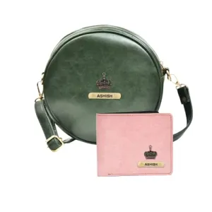 Classy Leather Customized Chained Sling Bag Round   Men's Wallet - Green Light Pink