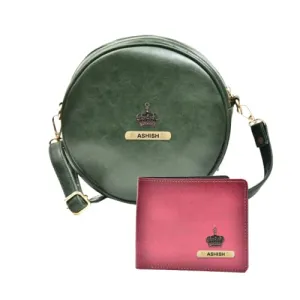 Classy Leather Customized Chained Sling Bag Round   Men's Wallet - Green Maroon