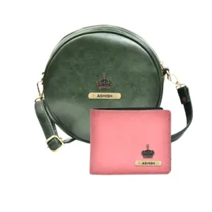 Classy Leather Customized Chained Sling Bag Round   Men's Wallet - Green Peach
