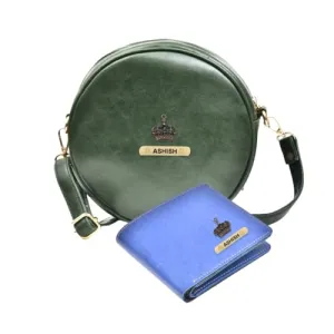 Classy Leather Customized Chained Sling Bag Round   Men's Wallet - Green Royal Blue