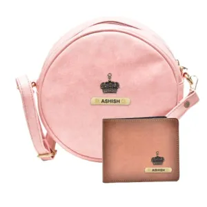 Classy Leather Customized Chained Sling Bag Round   Men's Wallet - Light Pink Brown