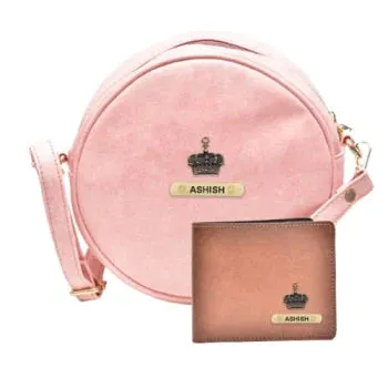 Classy Leather Customized Chained Sling Bag Round   Men's Wallet - Light Pink Brown