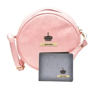 Classy Leather Customized Chained Sling Bag Round   Men's Wallet - Light Pink Grey