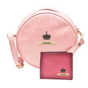 Classy Leather Customized Chained Sling Bag Round   Men's Wallet - Light Pink Maroon