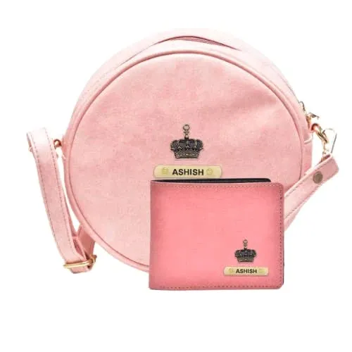 Classy Leather Customized Chained Sling Bag Round   Men's Wallet - Light Pink Peach