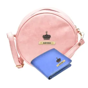 Classy Leather Customized Chained Sling Bag Round   Men's Wallet - Light Pink Royal Blue