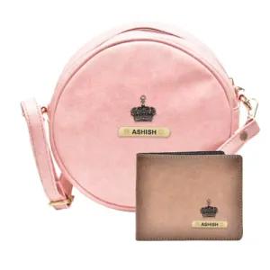 Classy Leather Customized Chained Sling Bag Round   Men's Wallet - Light Pink Tan