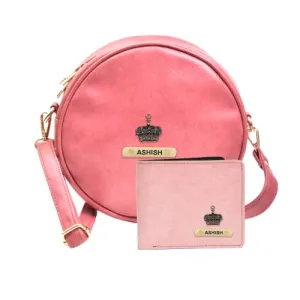 Classy Leather Customized Chained Sling Bag Round   Men's Wallet - Maroon Light Pink