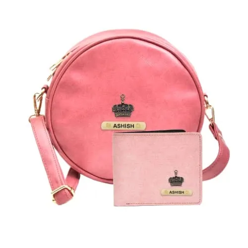 Classy Leather Customized Chained Sling Bag Round   Men's Wallet - Maroon Light Pink