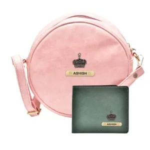 Classy Leather Customized Chained Sling Bag Round   Men's Wallet - Peach Green