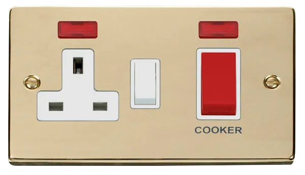 Click Deco VPBR205WH Victorian 45A 2G DP Switch   13A DP Switched Socket   Neon - Polished Brass (White)