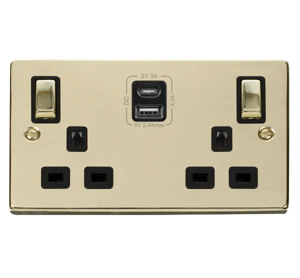 Click Deco VPBR586BK Victorian 13A Ingot 2G Switched Socket   Type A&C USB - Polished Brass (Black)
