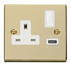 Click Deco VPBR771WH Victorian 13A 1G SP Switched Socket   1x2.1A USB - Polished Brass (White)