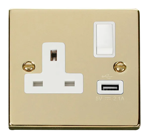 Click Deco VPBR771WH Victorian 13A 1G SP Switched Socket   1x2.1A USB - Polished Brass (White)