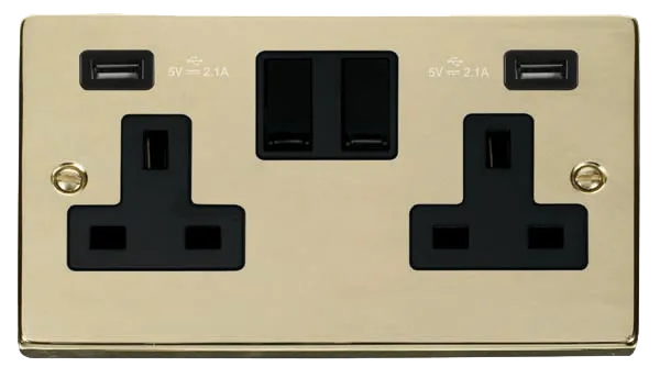 Click Deco VPBR780BK Victorian 13A 2G Switched Socket   2x2.1A USB - Polished Brass (Black)