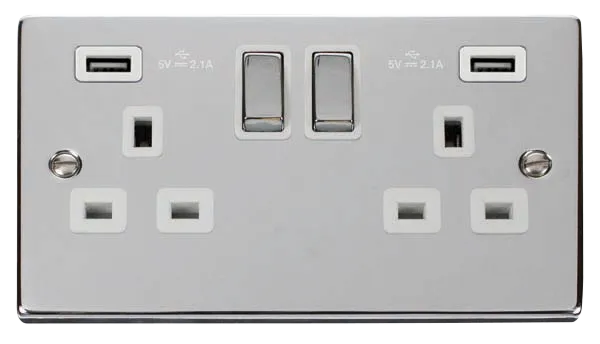 Click Deco VPCH580WH Victorian 13A Ingot 2G Switched Socket   2x2.1A USB - Polished Chrome (White)
