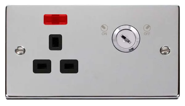 Click Deco VPCH655BK Victorian 13A Ingot 1G DP Key Lockable Switched Socket   Neon - Polished Chrome (Black)