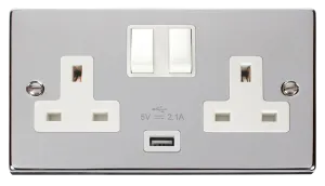 Click Deco VPCH770WH Victorian 13A 2G Switched Socket   1x2.1A USB - Polished Chrome (White)