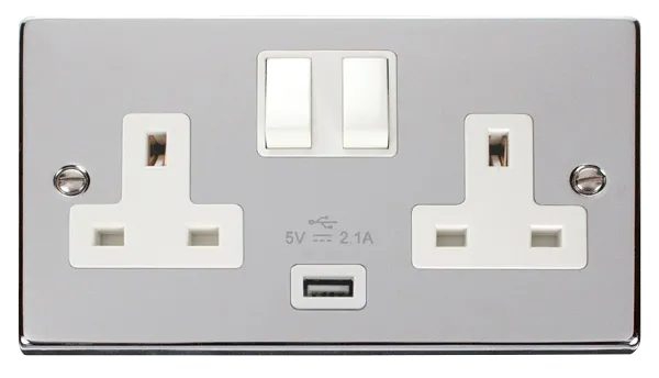 Click Deco VPCH770WH Victorian 13A 2G Switched Socket   1x2.1A USB - Polished Chrome (White)