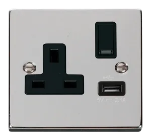 Click Deco VPCH771BK Victorian 13A 1G Switched Socket   1x2.1A USB - Polished Chrome (Black)