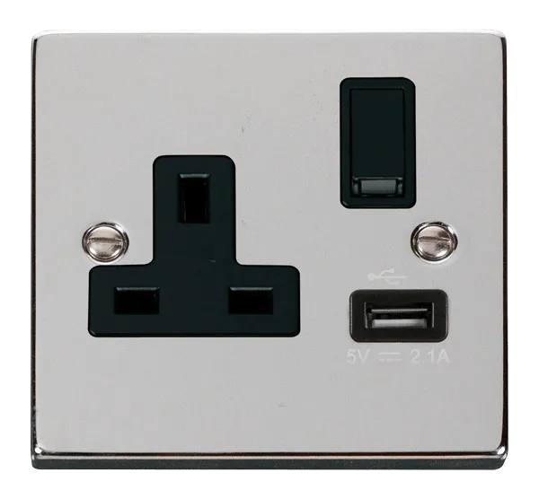 Click Deco VPCH771BK Victorian 13A 1G Switched Socket   1x2.1A USB - Polished Chrome (Black)