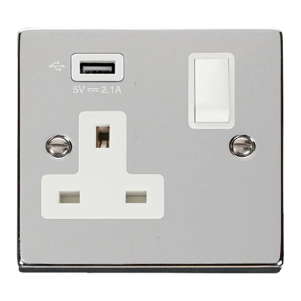 Click Deco VPCH771UWH Victorian 13A 1G Switched Socket   1x2.1A USB - Polished Chrome (White)