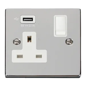 Click Deco VPCH771UWH Victorian 13A 1G Switched Socket   1x2.1A USB - Polished Chrome (White)