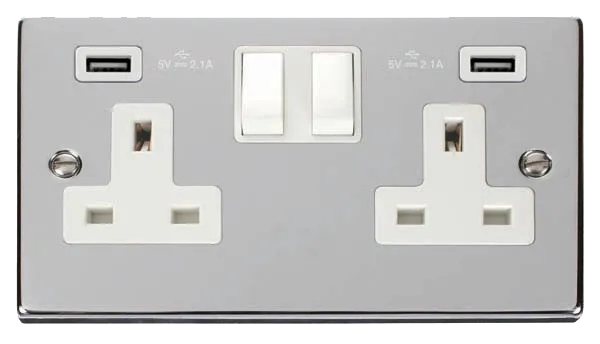 Click Deco VPCH780WH Victorian 13A 2G Switched Socket   2x2.1A USB - Polished Chrome (White)