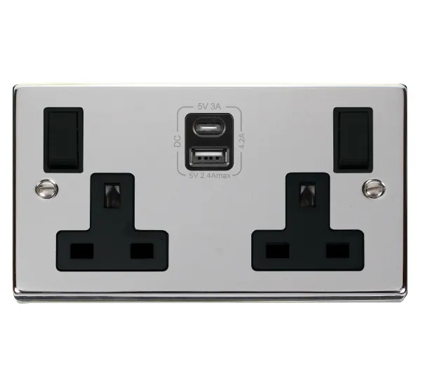 Click Deco VPCH786BK Victorian 13A 2G Switched Socket   Type A&C USB - Polished Chrome (Black)