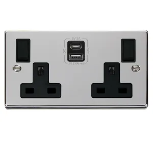 Click Deco VPCH786BK Victorian 13A 2G Switched Socket   Type A&C USB - Polished Chrome (Black)