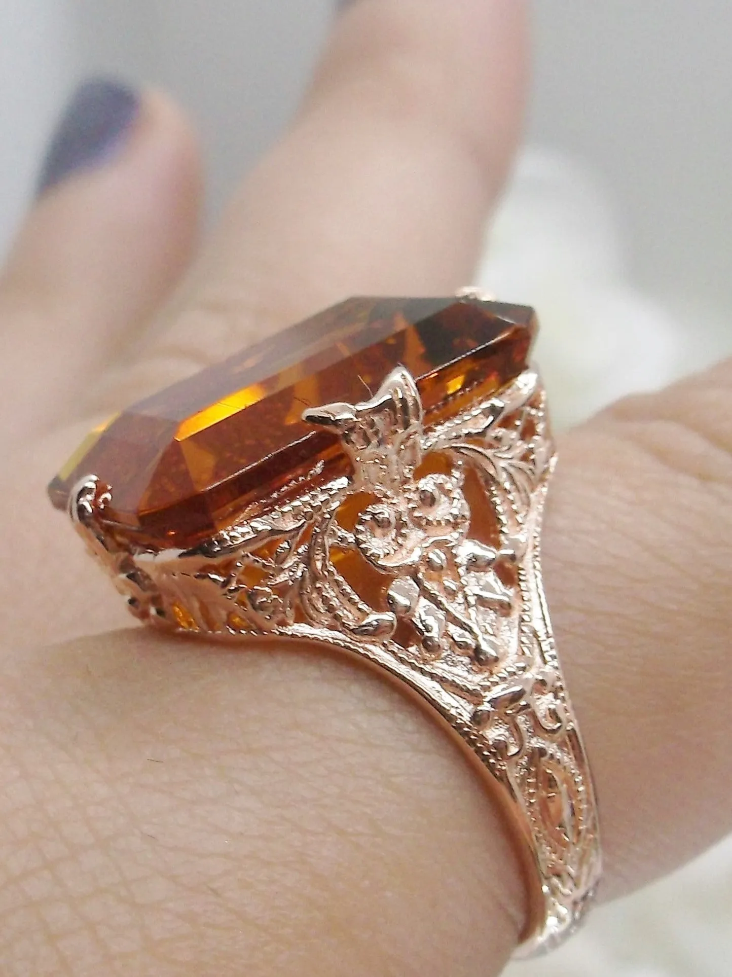 Cognac Citrine Ring, Rose Gold plated Vintage Jewelry #D202